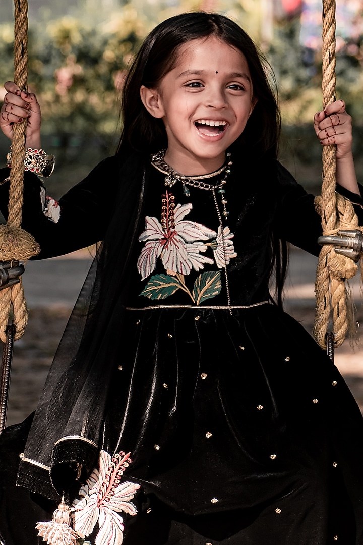 Black Velvet Machine Embroidered Anarkali Set For Girls by Mamma Plz at Pernia's Pop Up Shop