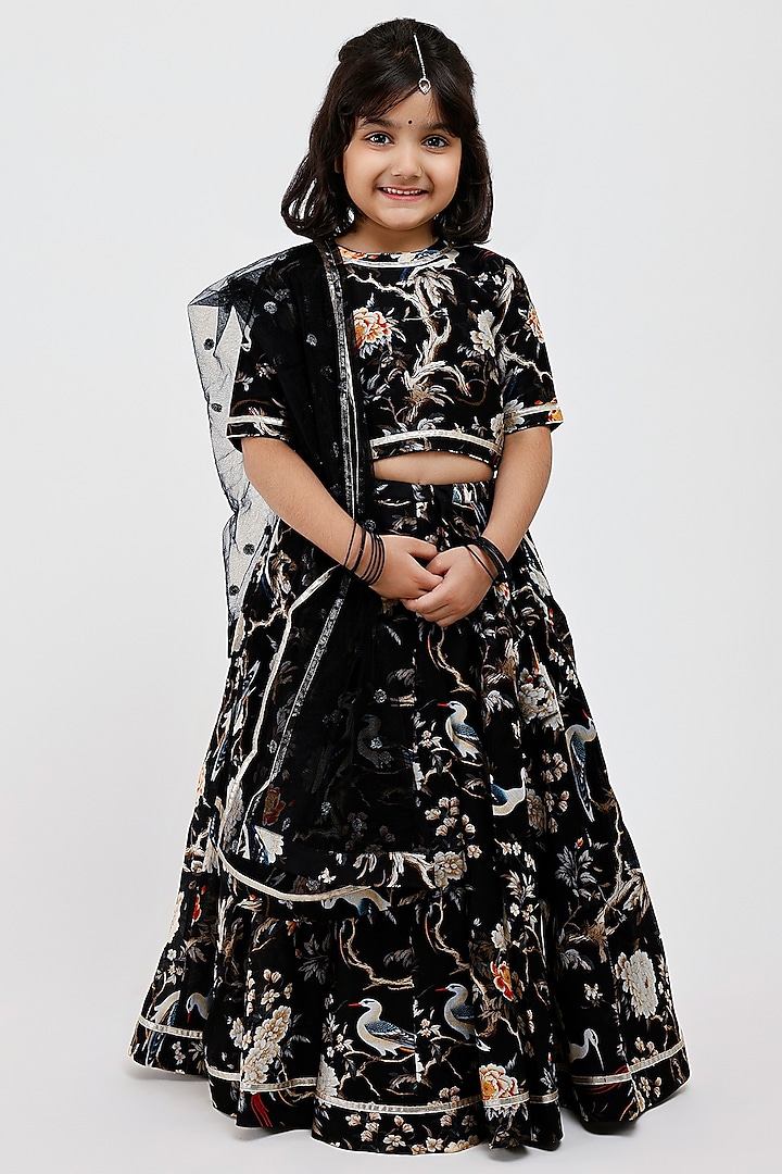 Black Handwoven Chanderi Floral Printed Lehenga Set For Girls by Mamma Plz