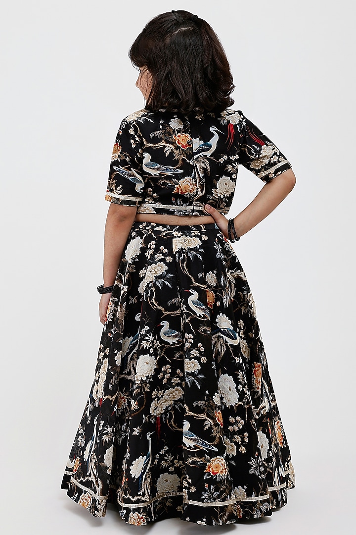 Black Handwoven Chanderi Floral Printed Lehenga Set For Girls by Mamma Plz at Pernia's Pop Up Shop