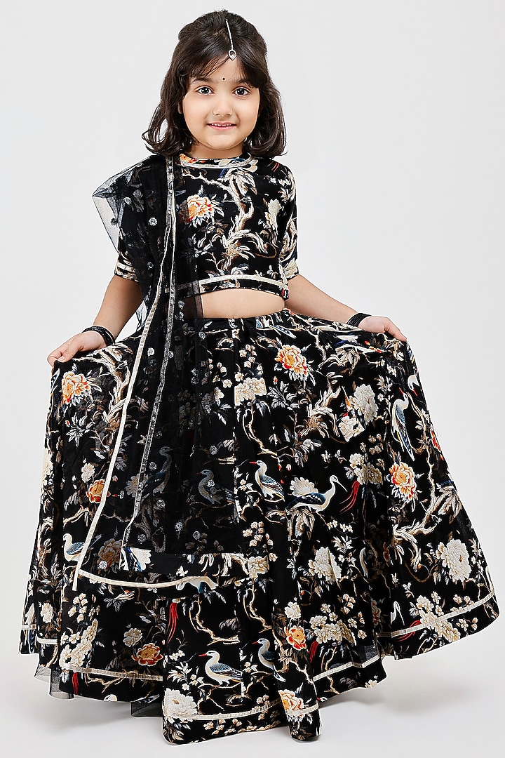 Black Handwoven Chanderi Floral Printed Lehenga Set For Girls by Mamma Plz at Pernia's Pop Up Shop