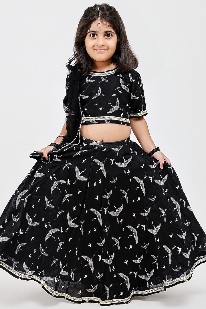 Black Handwoven Chanderi Bird Printed Lehenga Set For Girls by Mamma Plz at Pernia's Pop Up Shop