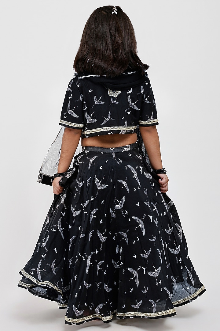 Black Handwoven Chanderi Bird Printed Lehenga Set For Girls by Mamma Plz at Pernia's Pop Up Shop
