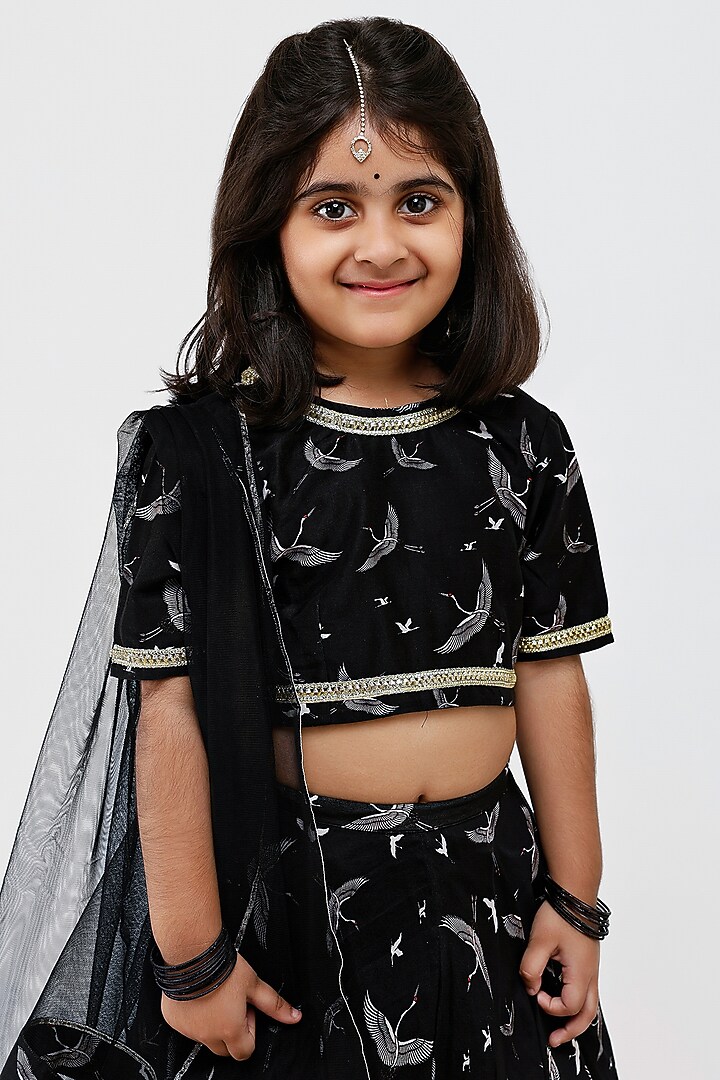 Black Handwoven Chanderi Bird Printed Lehenga Set For Girls by Mamma Plz at Pernia's Pop Up Shop