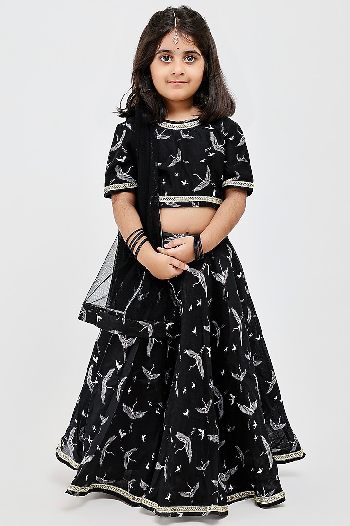 Black Handwoven Chanderi Bird Printed Lehenga Set For Girls by Mamma Plz at Pernia's Pop Up Shop