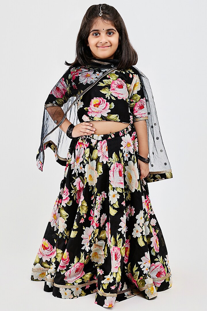 Black Handwoven Chanderi Floral Printed Lehenga Set For Girls by Mamma Plz at Pernia's Pop Up Shop