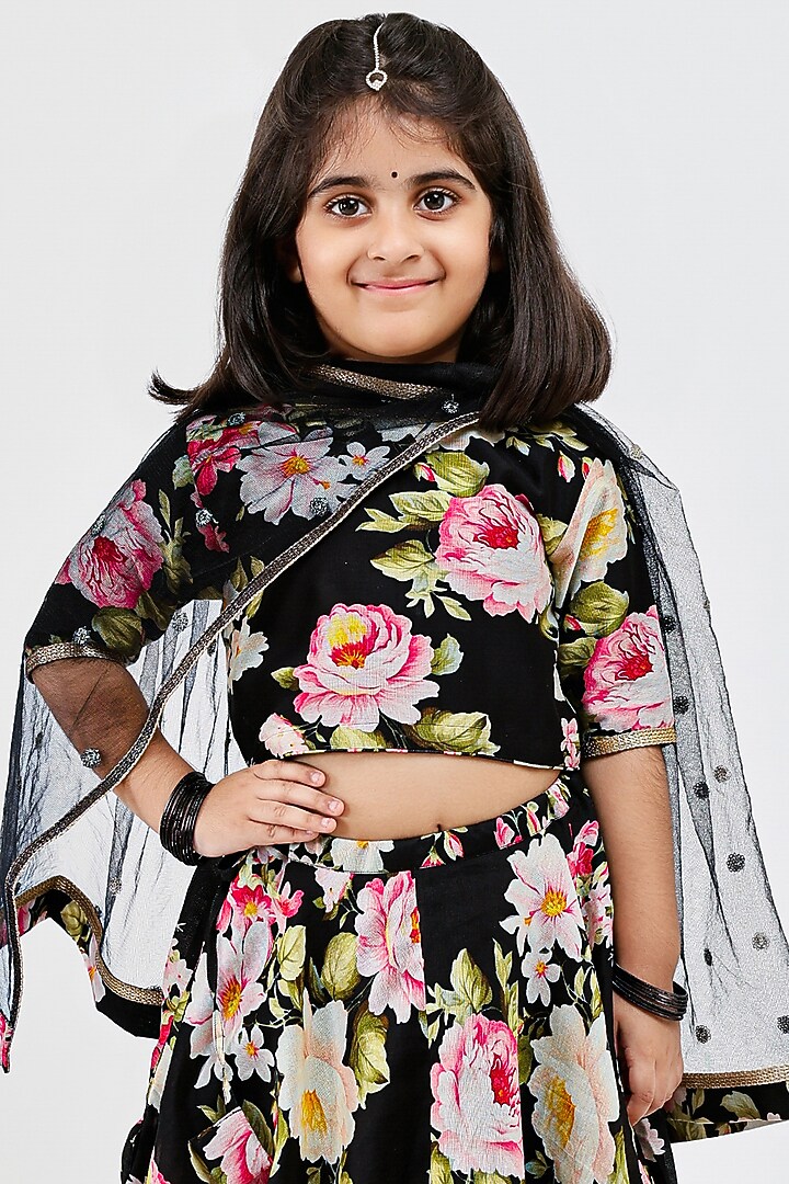 Black Handwoven Chanderi Floral Printed Lehenga Set For Girls by Mamma Plz at Pernia's Pop Up Shop