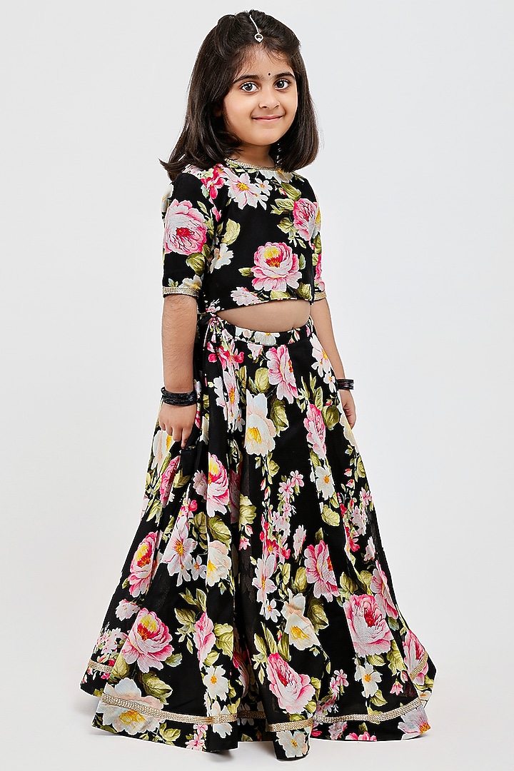 Black Handwoven Chanderi Floral Printed Lehenga Set For Girls by Mamma Plz at Pernia's Pop Up Shop