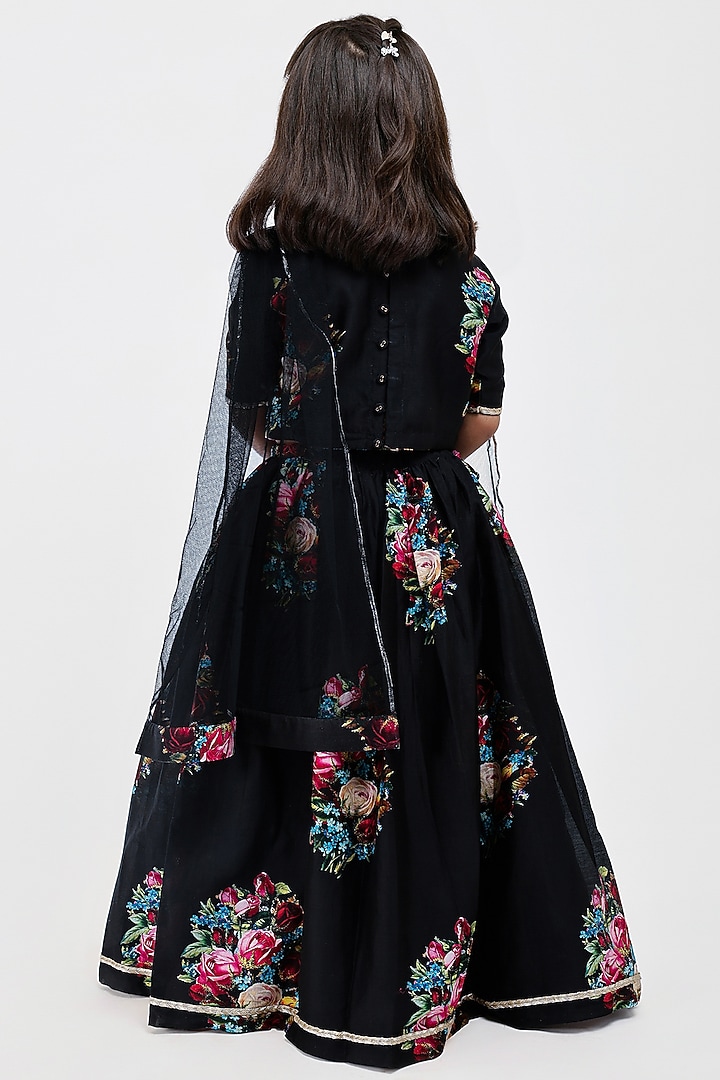 Black Handwoven Chanderi Floral Printed Lehenga Set For Girls by Mamma Plz at Pernia's Pop Up Shop