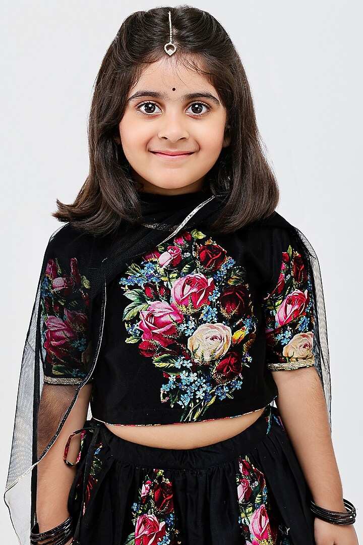Black Handwoven Chanderi Floral Printed Lehenga Set For Girls by Mamma Plz at Pernia's Pop Up Shop