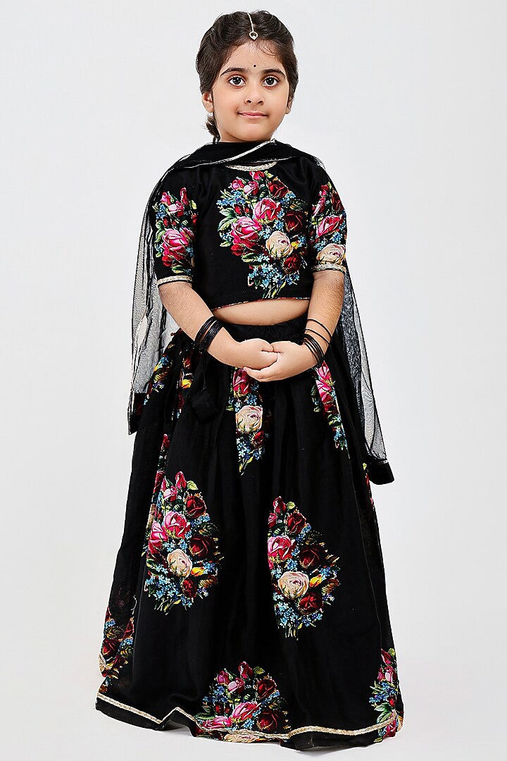 Black Handwoven Chanderi Floral Printed Lehenga Set For Girls by Mamma Plz at Pernia's Pop Up Shop