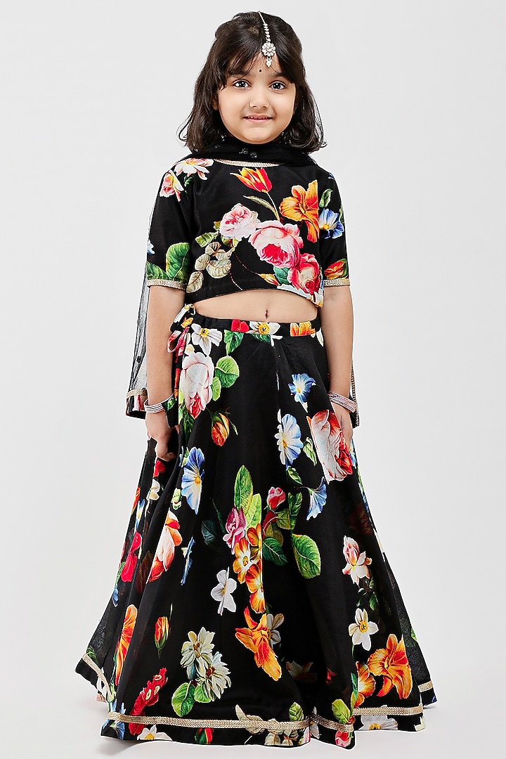 Black Handwoven Chanderi Floral Printed Lehenga Set For Girls by Mamma Plz at Pernia's Pop Up Shop