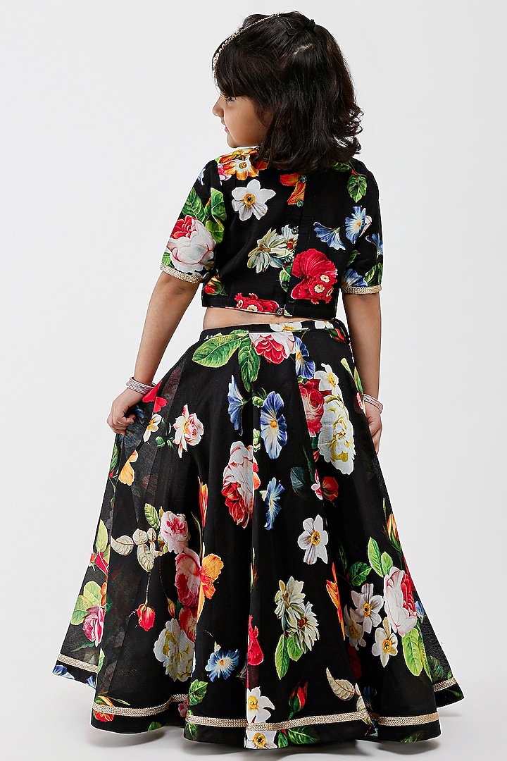 Black Handwoven Chanderi Floral Printed Lehenga Set For Girls by Mamma Plz at Pernia's Pop Up Shop