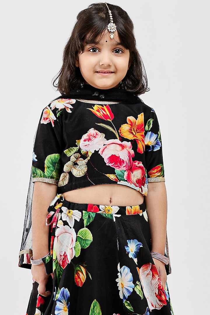 Black Handwoven Chanderi Floral Printed Lehenga Set For Girls by Mamma Plz at Pernia's Pop Up Shop