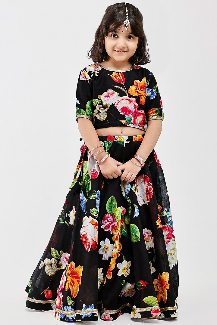 Black Handwoven Chanderi Floral Printed Lehenga Set For Girls by Mamma Plz at Pernia's Pop Up Shop