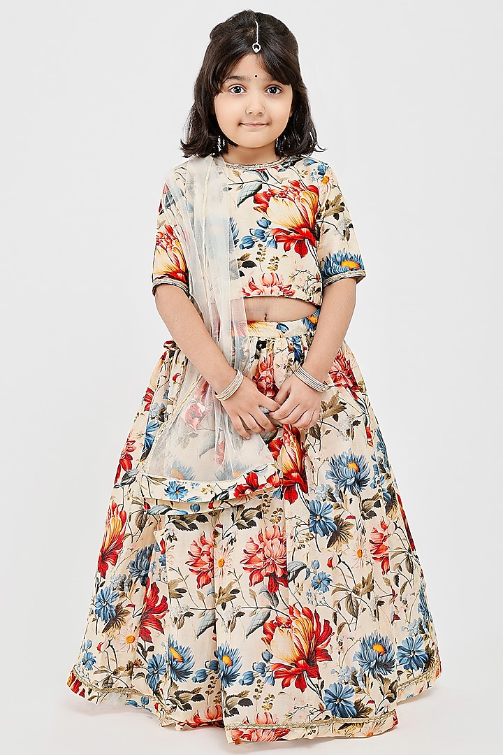 Ivory Handwoven Chanderi Floral Printed Lehenga Set For Girls by Mamma Plz at Pernia's Pop Up Shop