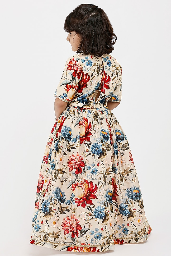 Ivory Handwoven Chanderi Floral Printed Lehenga Set For Girls by Mamma Plz at Pernia's Pop Up Shop