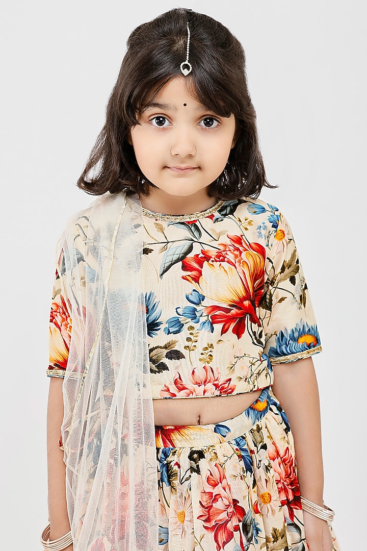 Ivory Handwoven Chanderi Floral Printed Lehenga Set For Girls by Mamma Plz at Pernia's Pop Up Shop