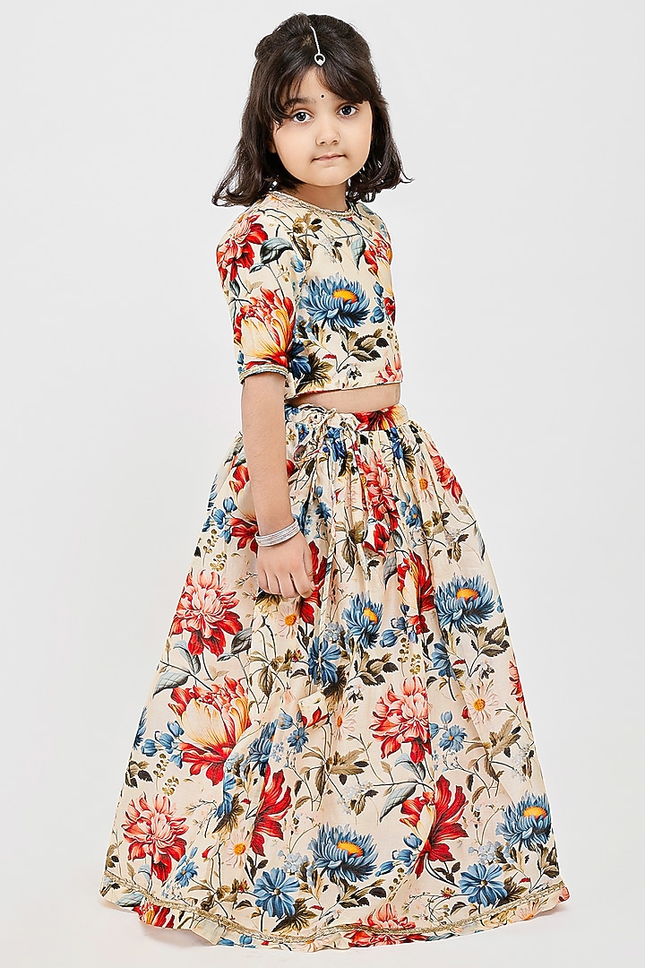 Ivory Handwoven Chanderi Floral Printed Lehenga Set For Girls by Mamma Plz at Pernia's Pop Up Shop