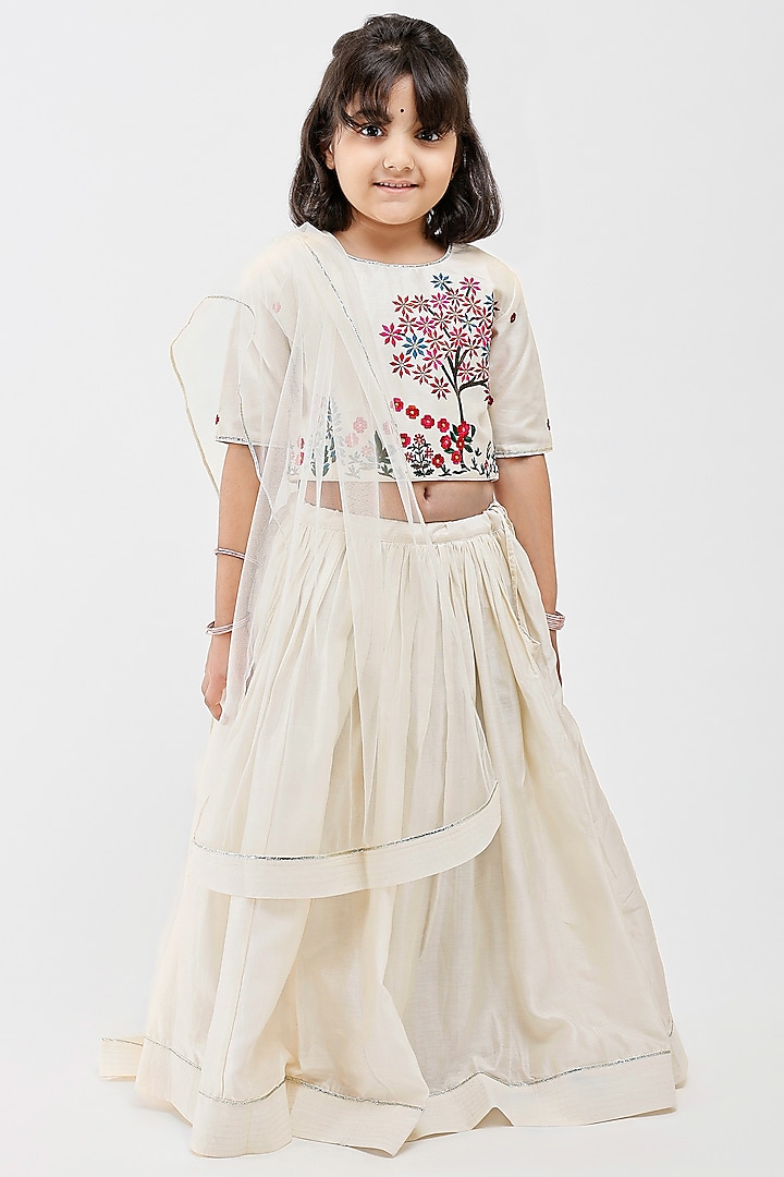 Ivory Handwoven Chanderi Floral Embroidered Lehenga Set For Girls by Mamma Plz at Pernia's Pop Up Shop