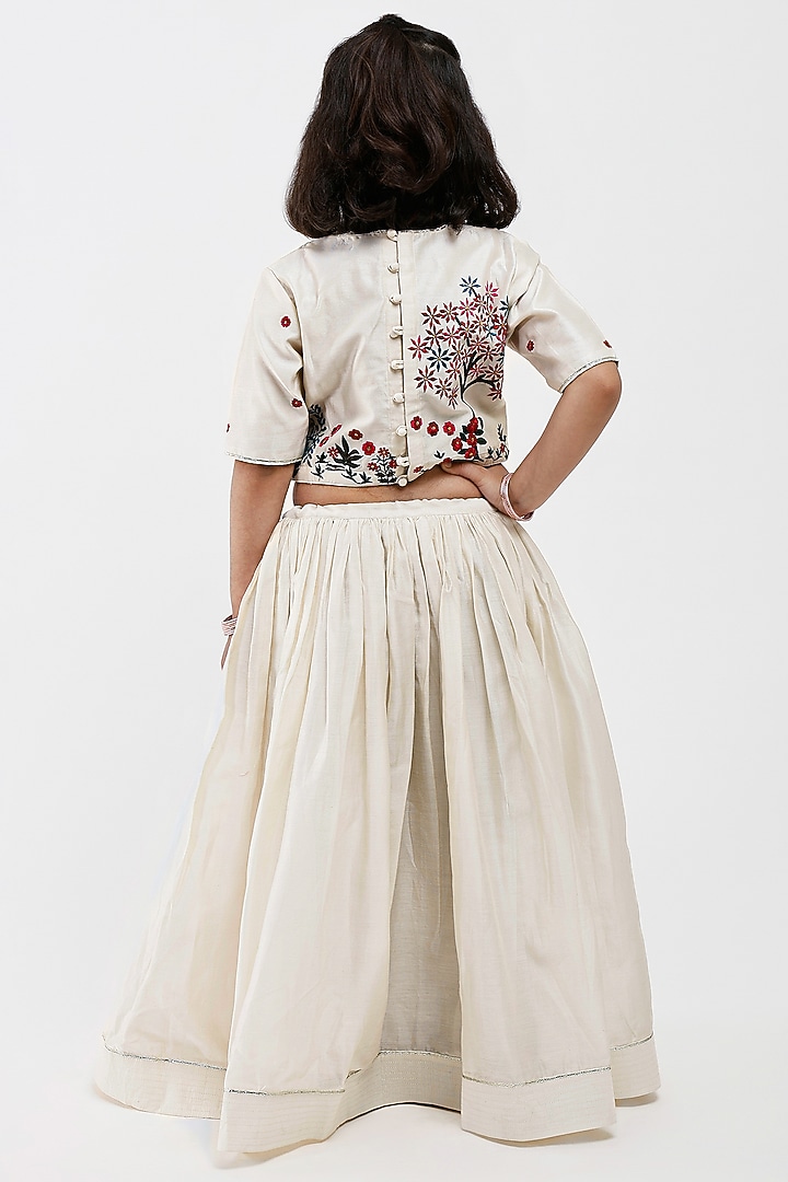 Ivory Handwoven Chanderi Floral Embroidered Lehenga Set For Girls by Mamma Plz at Pernia's Pop Up Shop