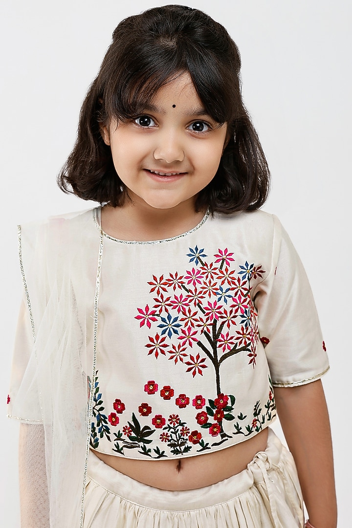 Ivory Handwoven Chanderi Floral Embroidered Lehenga Set For Girls by Mamma Plz at Pernia's Pop Up Shop