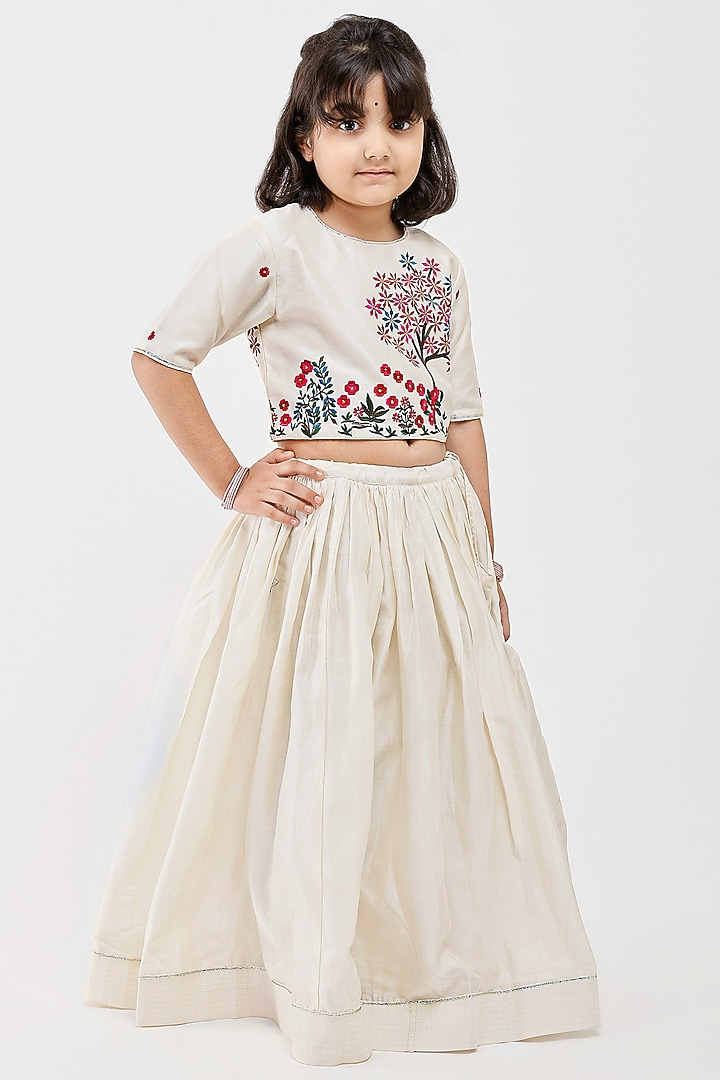 Ivory Handwoven Chanderi Floral Embroidered Lehenga Set For Girls by Mamma Plz at Pernia's Pop Up Shop