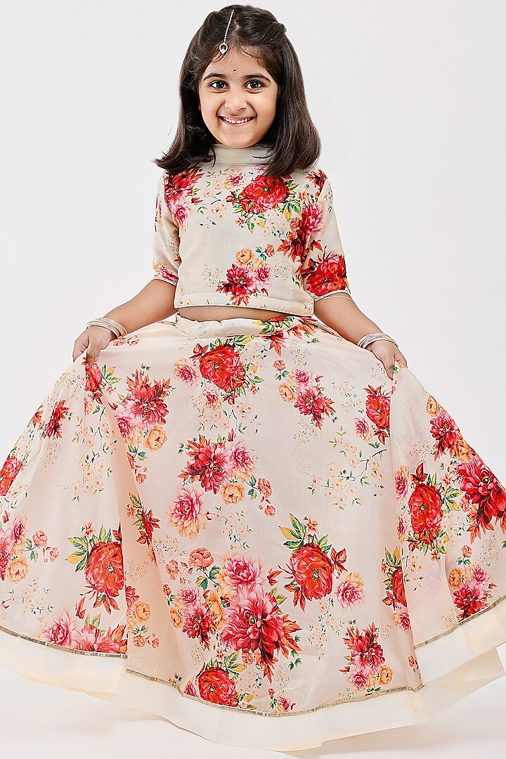 Ivory Handwoven Chanderi Floral Printed Lehenga Set For Girls by Mamma Plz at Pernia's Pop Up Shop