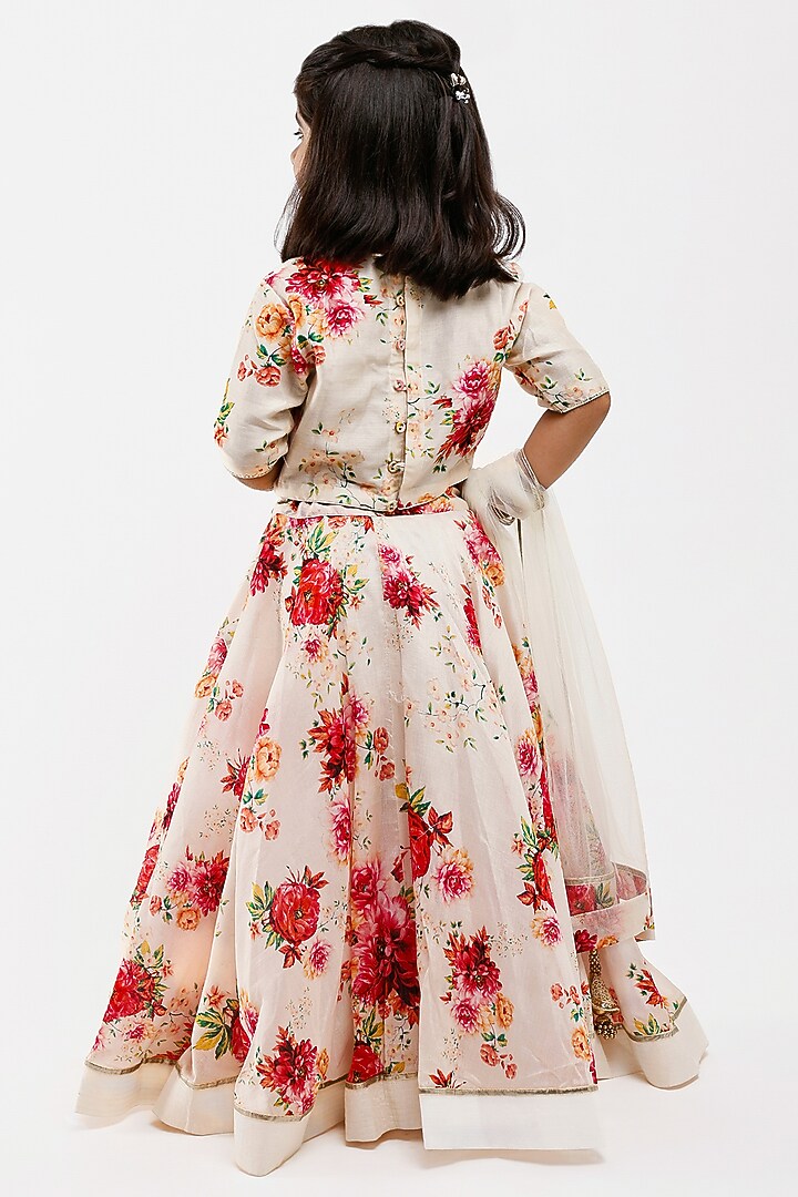 Ivory Handwoven Chanderi Floral Printed Lehenga Set For Girls by Mamma Plz at Pernia's Pop Up Shop