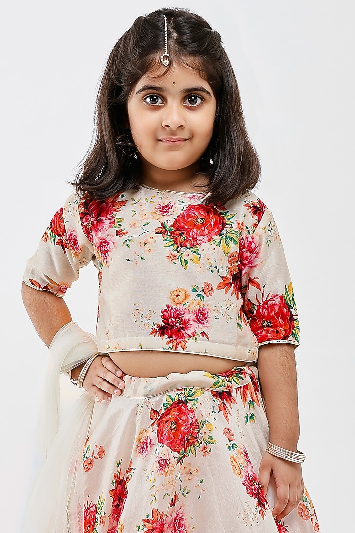 Ivory Handwoven Chanderi Floral Printed Lehenga Set For Girls by Mamma Plz at Pernia's Pop Up Shop