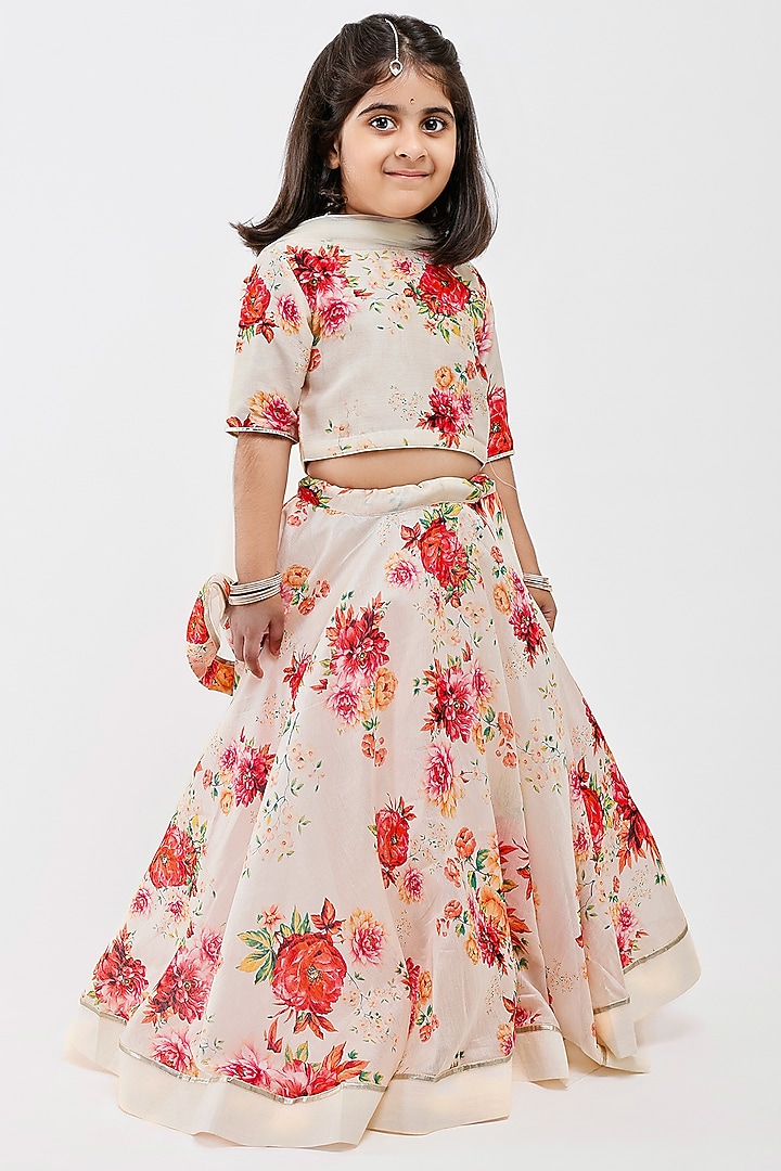 Ivory Handwoven Chanderi Floral Printed Lehenga Set For Girls by Mamma Plz at Pernia's Pop Up Shop