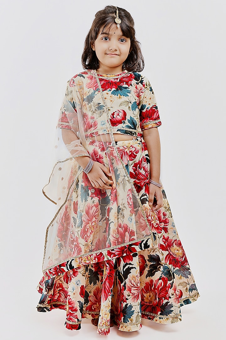 Ivory Handwoven Chanderi Floral Printed Lehenga Set For Girls by Mamma Plz at Pernia's Pop Up Shop