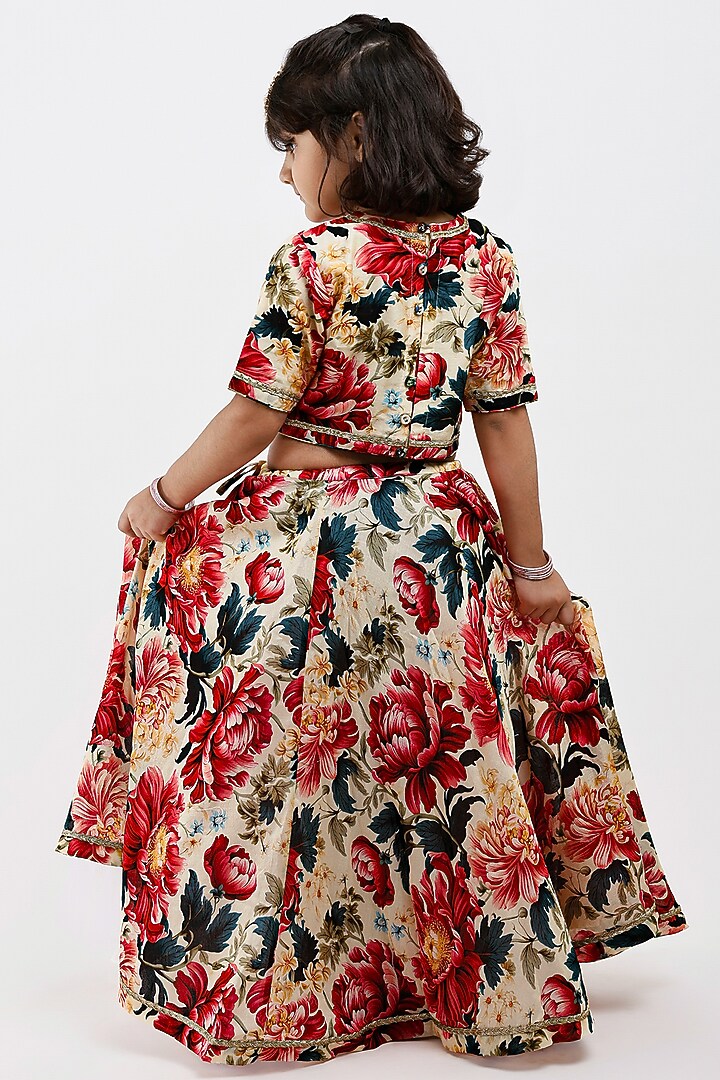 Ivory Handwoven Chanderi Floral Printed Lehenga Set For Girls by Mamma Plz at Pernia's Pop Up Shop