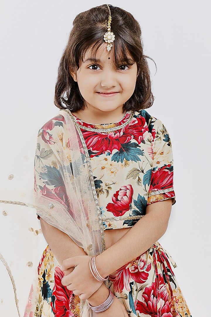 Ivory Handwoven Chanderi Floral Printed Lehenga Set For Girls by Mamma Plz at Pernia's Pop Up Shop