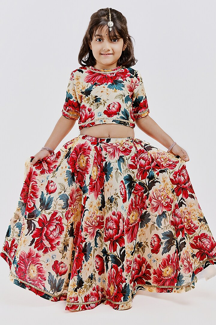 Ivory Handwoven Chanderi Floral Printed Lehenga Set For Girls by Mamma Plz at Pernia's Pop Up Shop