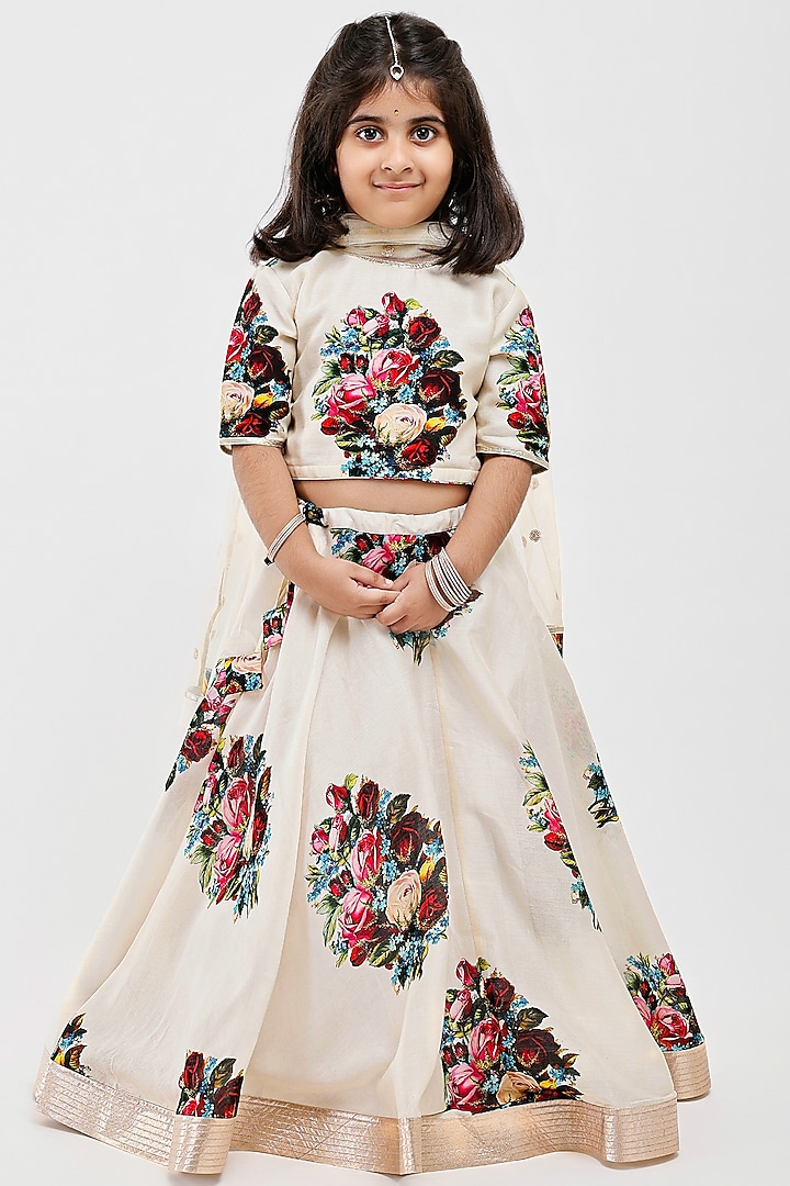 Ivory Handwoven Chanderi Floral Printed Lehenga Set For Girls by Mamma Plz at Pernia's Pop Up Shop