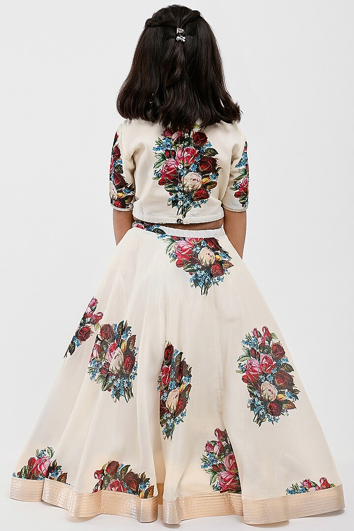 Ivory Handwoven Chanderi Floral Printed Lehenga Set For Girls by Mamma Plz at Pernia's Pop Up Shop
