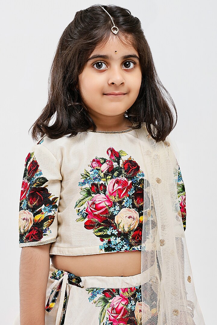 Ivory Handwoven Chanderi Floral Printed Lehenga Set For Girls by Mamma Plz at Pernia's Pop Up Shop