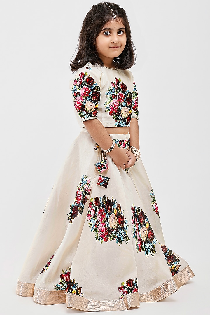 Ivory Handwoven Chanderi Floral Printed Lehenga Set For Girls by Mamma Plz at Pernia's Pop Up Shop