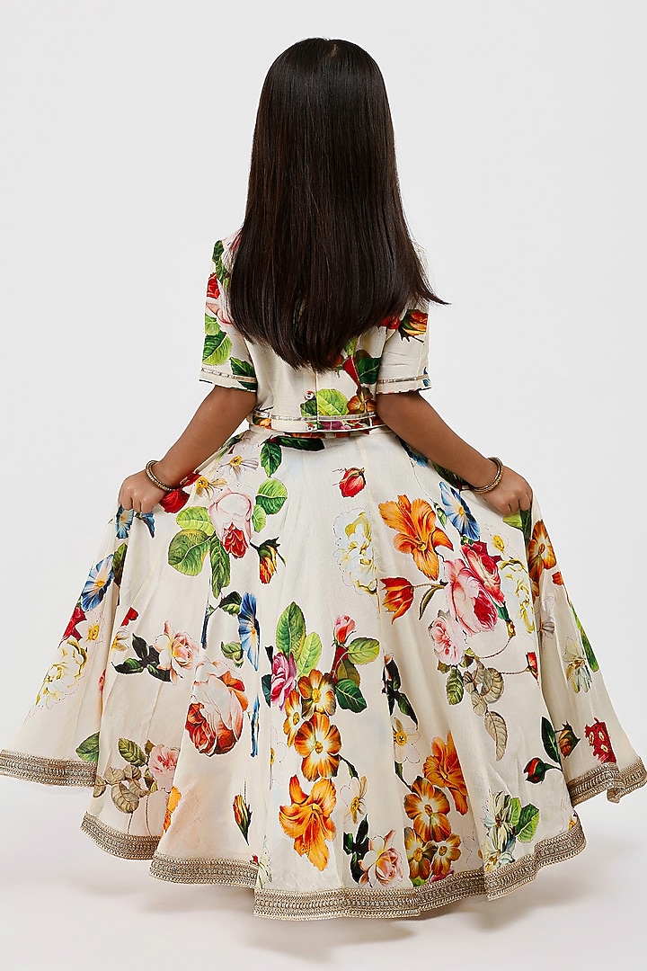 Ivory Handwoven Chanderi Floral Printed Lehenga Set For Girls by Mamma Plz at Pernia's Pop Up Shop