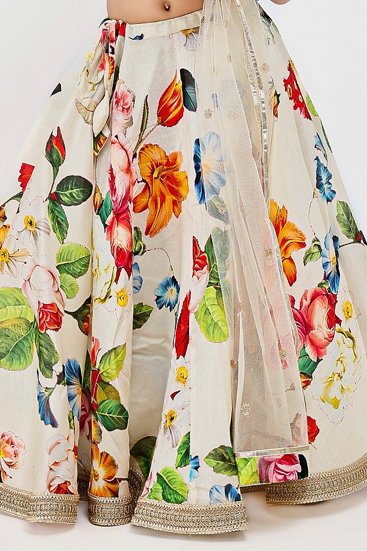 Ivory Handwoven Chanderi Floral Printed Lehenga Set For Girls by Mamma Plz at Pernia's Pop Up Shop