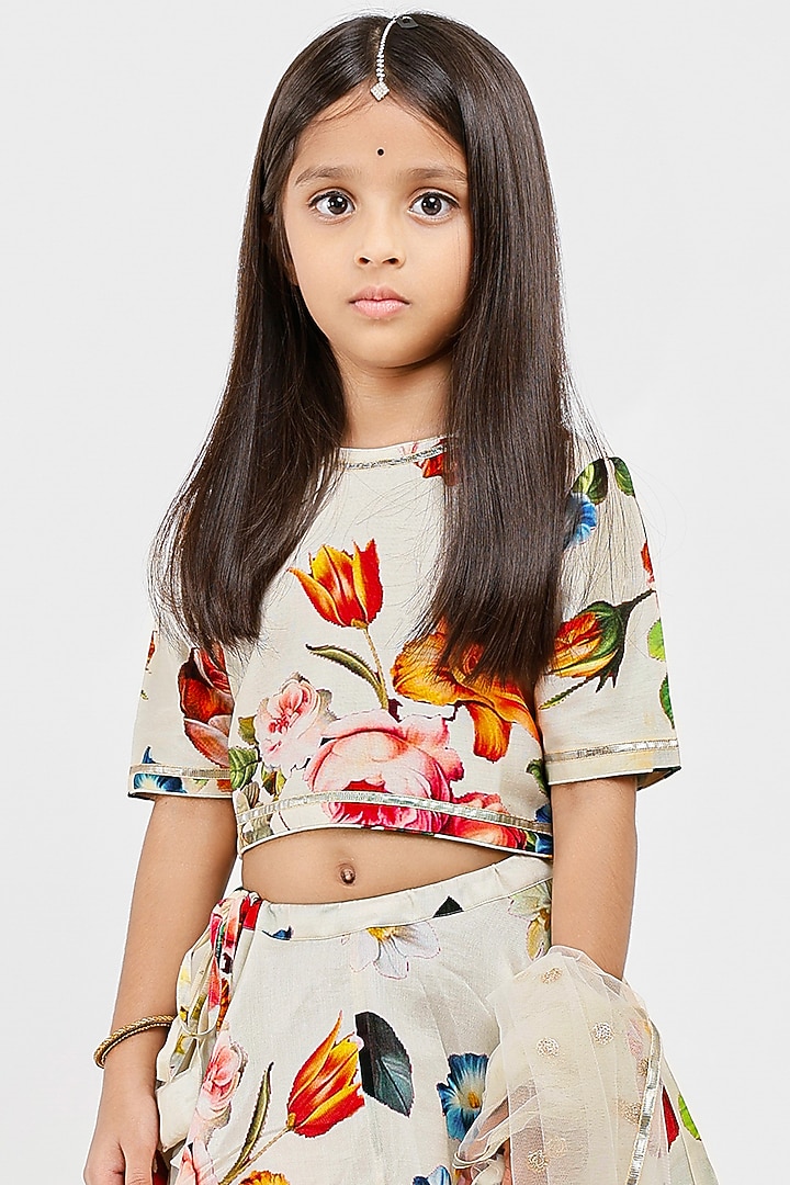 Ivory Handwoven Chanderi Floral Printed Lehenga Set For Girls by Mamma Plz at Pernia's Pop Up Shop