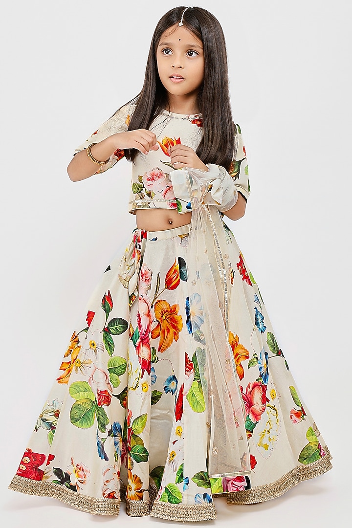 Ivory Handwoven Chanderi Floral Printed Lehenga Set For Girls by Mamma Plz at Pernia's Pop Up Shop