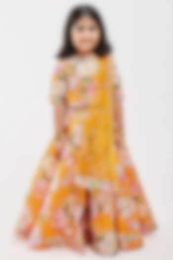 Yellow Handwoven Chanderi Floral Printed Lehenga Set For Girls by Mamma Plz at Pernia's Pop Up Shop