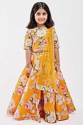 Yellow Handwoven Chanderi Floral Printed Lehenga Set For Girls by Mamma Plz