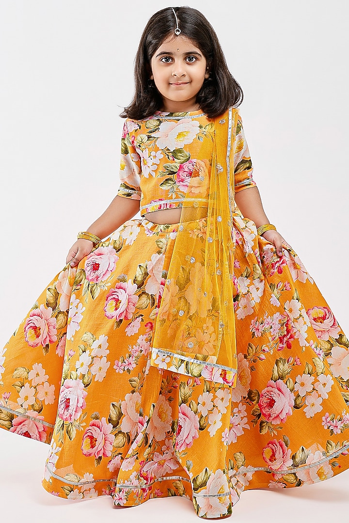 Yellow Handwoven Chanderi Floral Printed Lehenga Set For Girls by Mamma Plz at Pernia's Pop Up Shop