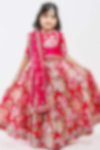 Pink Handwoven Chanderi Floral Printed Lehenga Set For Girls by Mamma Plz at Pernia's Pop Up Shop