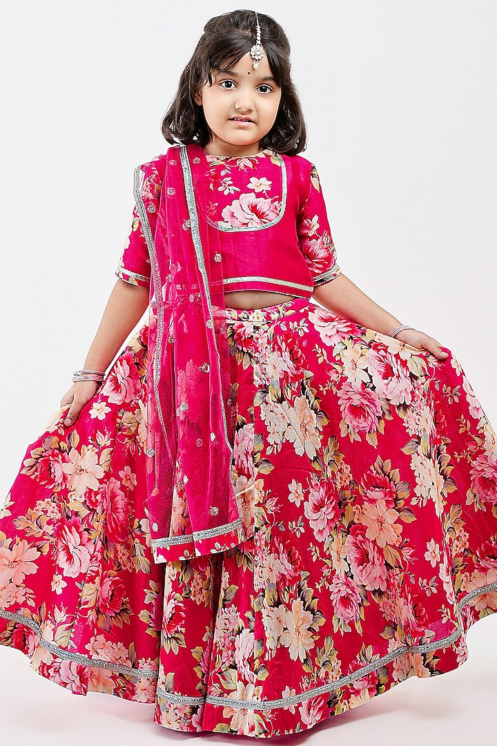 Pink Handwoven Chanderi Floral Printed Lehenga Set For Girls by Mamma Plz at Pernia's Pop Up Shop