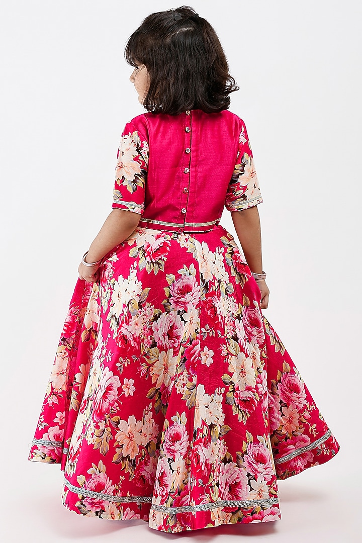 Pink Handwoven Chanderi Floral Printed Lehenga Set For Girls by Mamma Plz at Pernia's Pop Up Shop