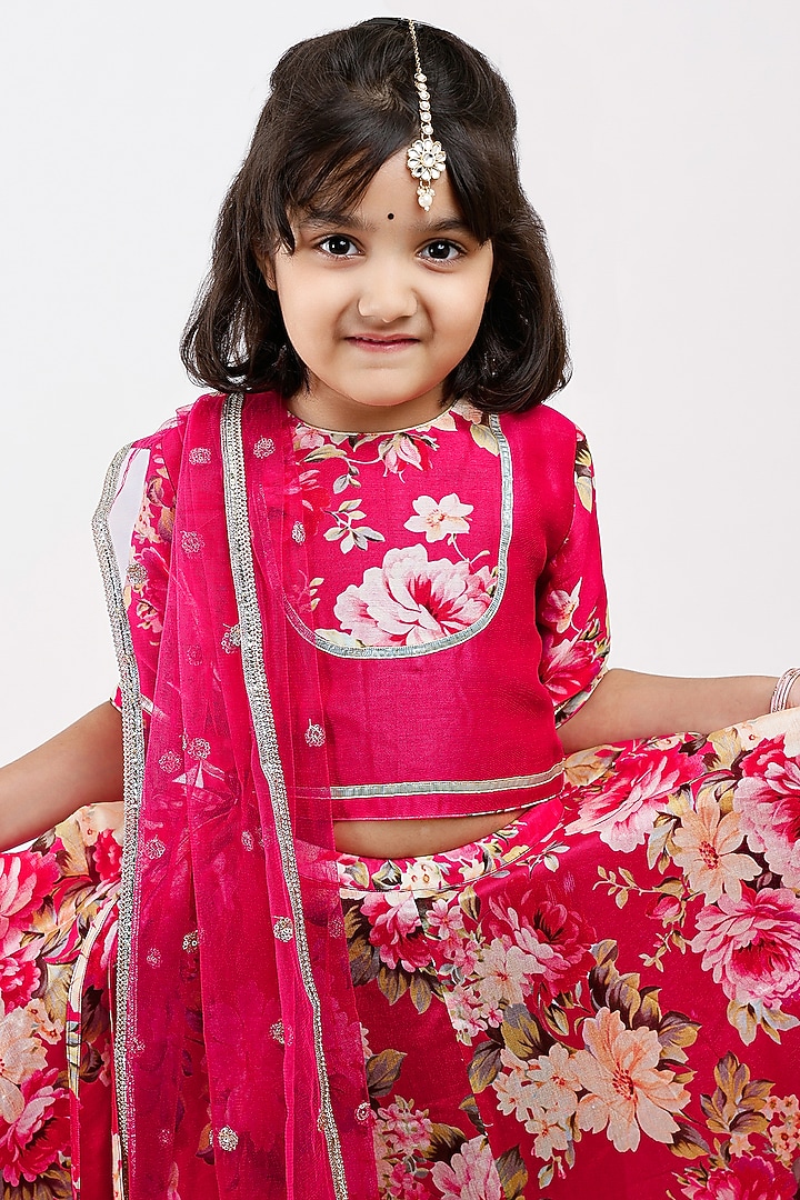 Pink Handwoven Chanderi Floral Printed Lehenga Set For Girls by Mamma Plz at Pernia's Pop Up Shop