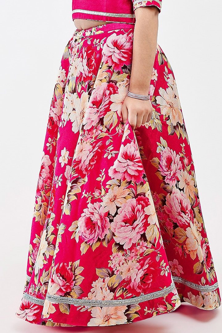 Pink Handwoven Chanderi Floral Printed Lehenga Set For Girls by Mamma Plz at Pernia's Pop Up Shop
